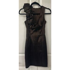 Cache vintage dress 4 chocolate metallic brown rose flower ruffle shoulder